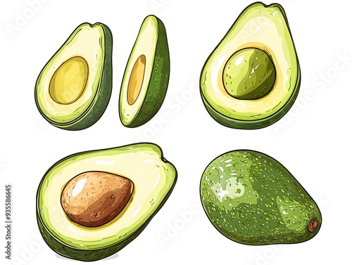 Cute 3D avocado set in a cartoon style, displaying a halved avocado with and without the pit, against a simple white background photo