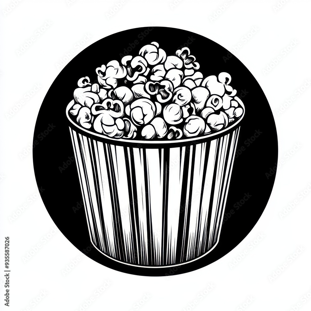 Black and white flat vector art illustration of a popcorn bucket in a circular stamp logo style, svg design, isolated on white background, simple vector art design Black and white flat vector art illustration of a popcorn bucket in a circular stamp logo style, svg design, isolated on white background, simple vector art design