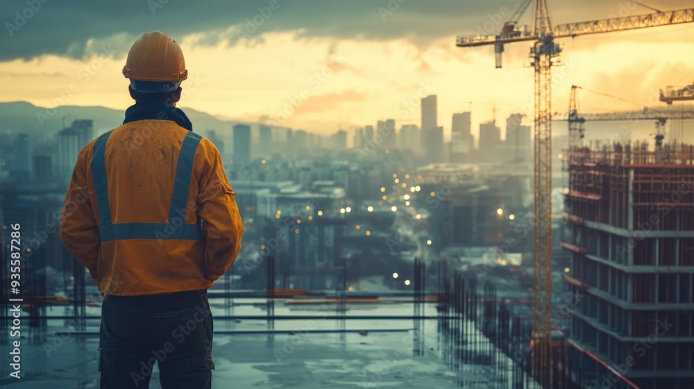 Construction Worker Contemplating the City Skyline Construction Worker Contemplating the City Skyline