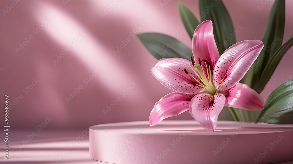 Empty podium with pink lily flower and aesthetic sunlight shadows Background for cosmetic perfume design and product presentation floral showcase : Generative AI Empty podium with pink lily flower and aesthetic sunlight shadows Background for cosmetic perfume design and product presentation floral showcase : Generative AI