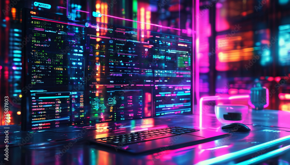 Abstract, blurred image. Complex data matrix with floating AI interfaces and bright neon highlights. Abstract, blurred image. Complex data matrix with floating AI interfaces and bright neon highlights.