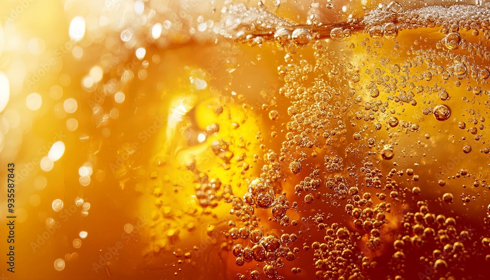 Chilled soda with ice, captured in a close-up with sparkling bubbles and rich amber tones. Perfect for beverage advertising and menu designs. Chilled soda with ice, captured in a close-up with sparkling bubbles and rich amber tones. Perfect for beverage advertising and menu designs.