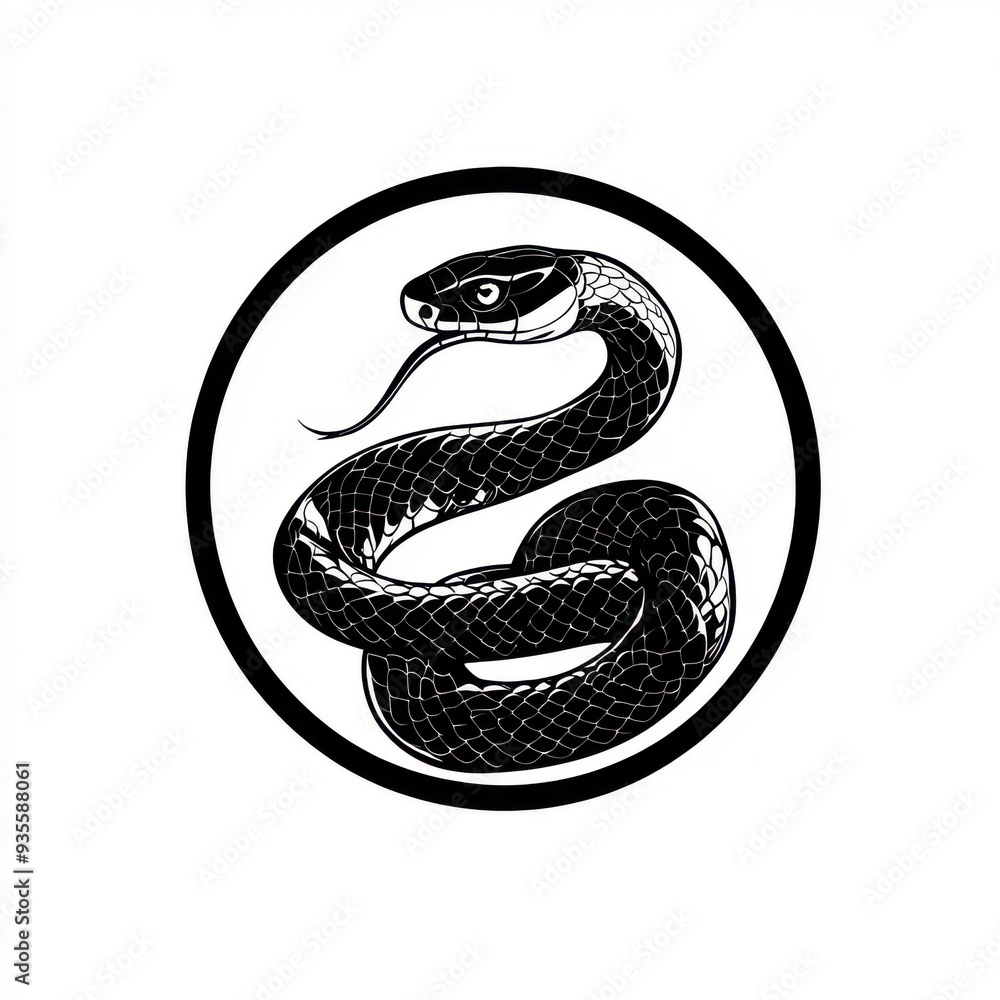 Black and white flat vector art illustration of a snake in a circular stamp logo style, svg design, isolated on white background, simple vector art design - Black and white flat vector art illustration of a snake in a circular stamp logo style, svg design, isolated on white background, simple vector art design -