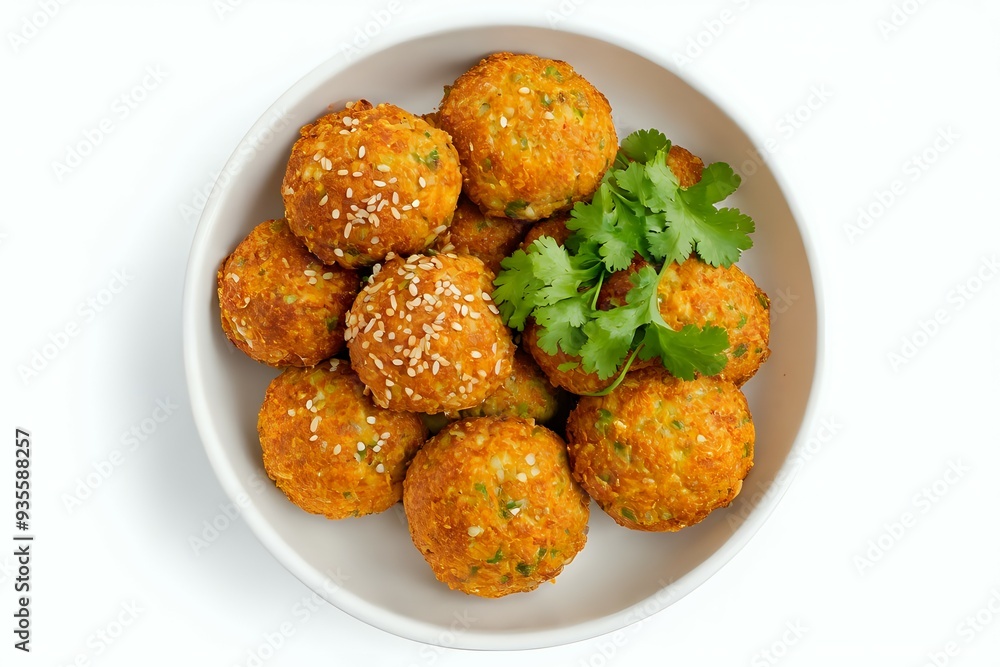 Mouthwatering falafel arranged in a small white bowl, topped with sesame seeds and fresh cilantro, isolated against a white background Mouthwatering falafel arranged in a small white bowl, topped with sesame seeds and fresh cilantro, isolated against a white background