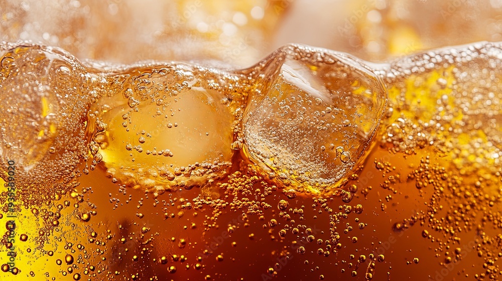 Refreshing close-up of a soda with ice cubes, showcasing the effervescent bubbles and rich amber tones. Ideal for beverage advertising with a summer vibe. Refreshing close-up of a soda with ice cubes, showcasing the effervescent bubbles and rich amber tones. Ideal for beverage advertising with a summer vibe.