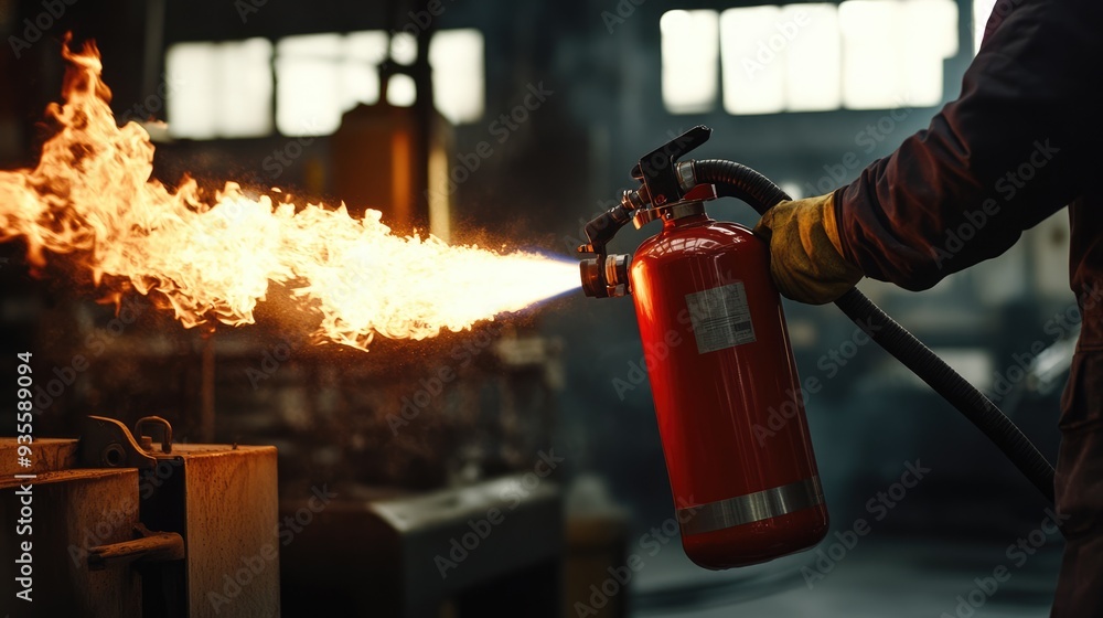 Fire Extinguisher in Action - Industrial Setting Fire Extinguisher in Action - Industrial Setting