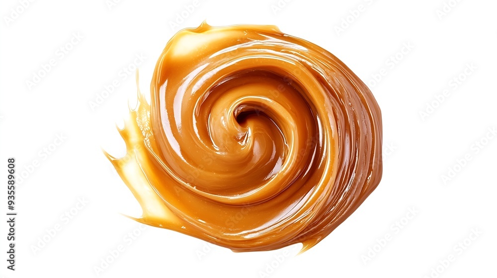 Melted caramel cream swirl isolated on white background top view : Generative AI Melted caramel cream swirl isolated on white background top view : Generative AI