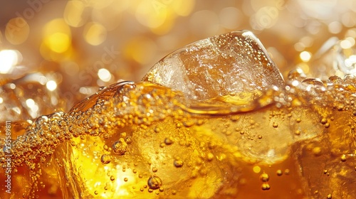 Wallpaper Mural Refreshing close-up of a fizzy drink with ice cubes, featuring sparkling bubbles and warm amber tones. Perfect for summer beverage promotions. Torontodigital.ca