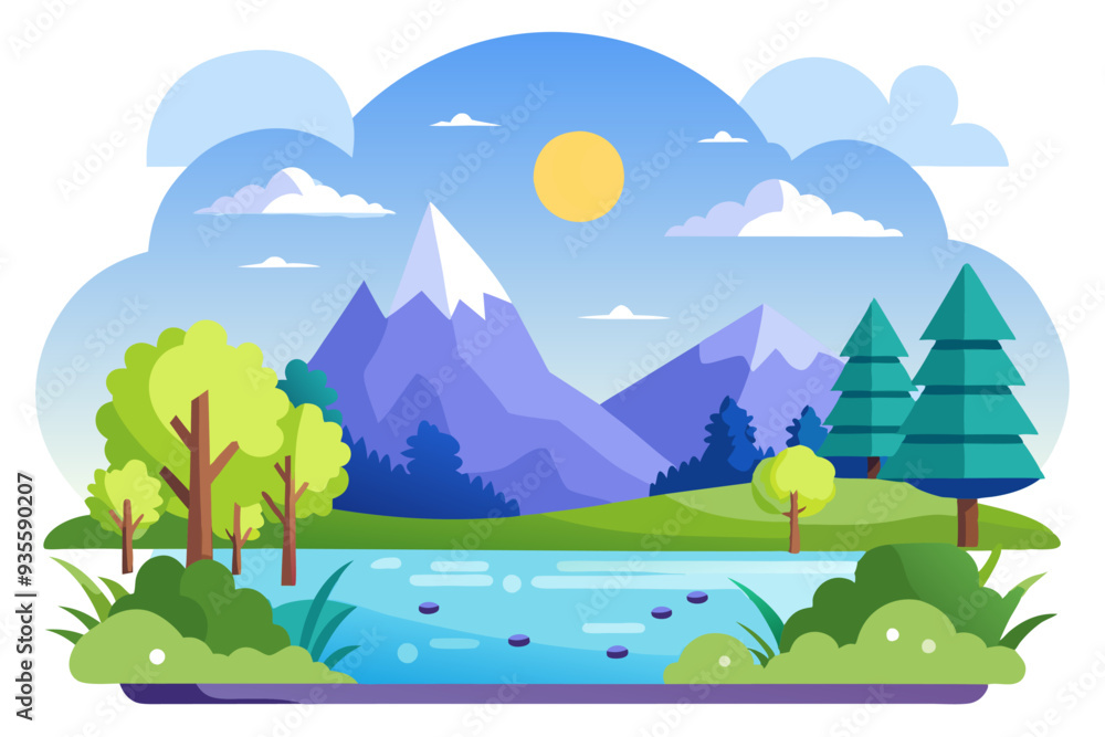 Naklejka premium A serene landscape with mountains, a river, and trees under a sunny sky.