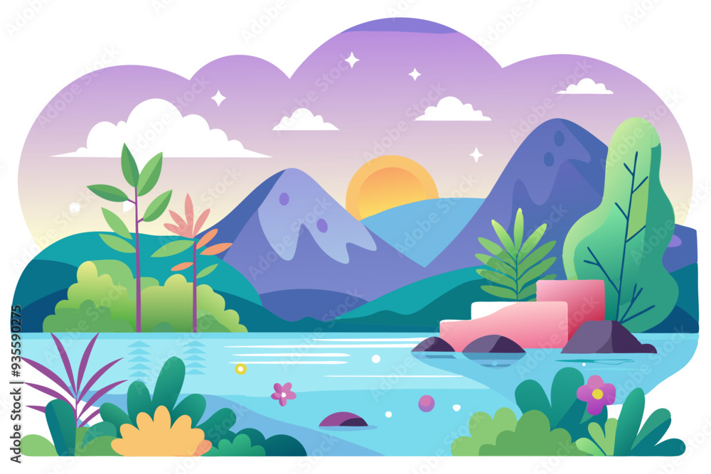 Sunset Landscape with Mountains, Lake, and Lush Foliage Sunset Landscape with Mountains, Lake, and Lush Foliage
