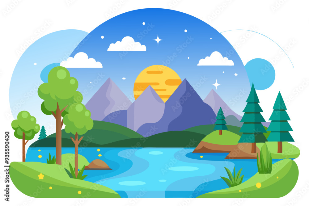 Obraz premium A Serene Mountain Landscape with a Winding River and Lush Trees