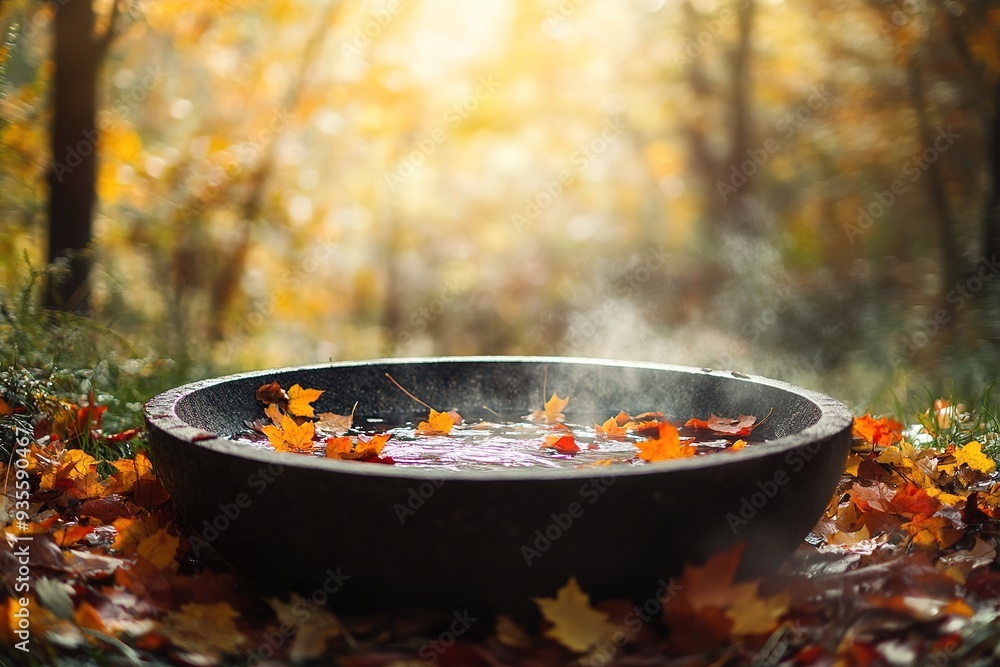 Autumn leaves in fire pit with sunbeam in forest Autumn leaves in fire pit with sunbeam in forest