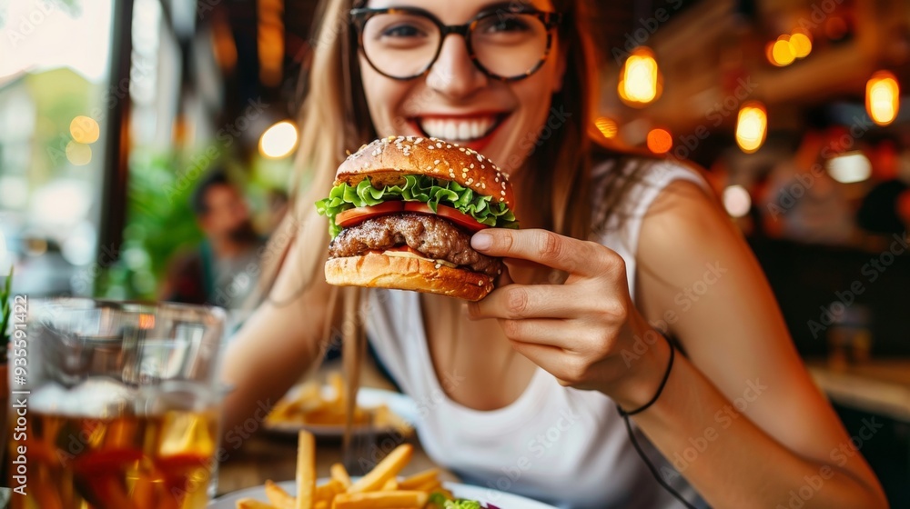 A woman enjoying a juicy burger and fries at a cozy restaurant, surrounded by friends, showcasing a lively dining experience in the evening A woman enjoying a juicy burger and fries at a cozy restaurant, surrounded by friends, showcasing a lively dining experience in the evening