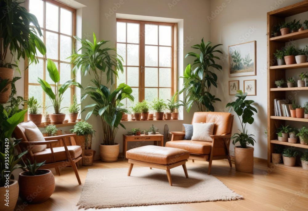 Light and cozy interior with an armchair surrounded by many pots with indoor plants Light and cozy interior with an armchair surrounded by many pots with indoor plants