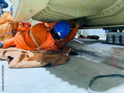 A safety engineer in orange overalls and blue helmet inspecting machinery under a large industrial unit. The image highlights safety practices and teamwork in an industrial setting.