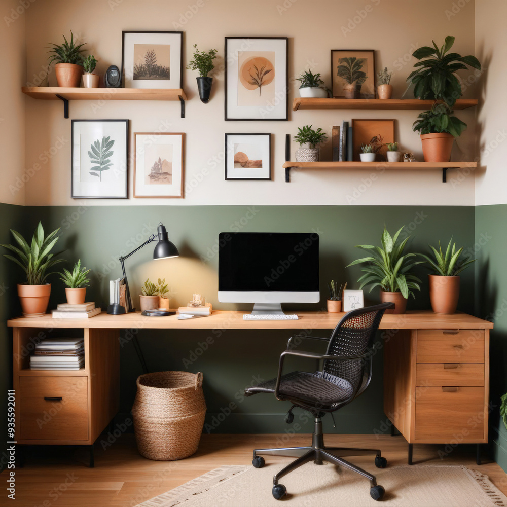 Interior of home workspace with computer and shelves with lots of indoor green plants Interior of home workspace with computer and shelves with lots of indoor green plants