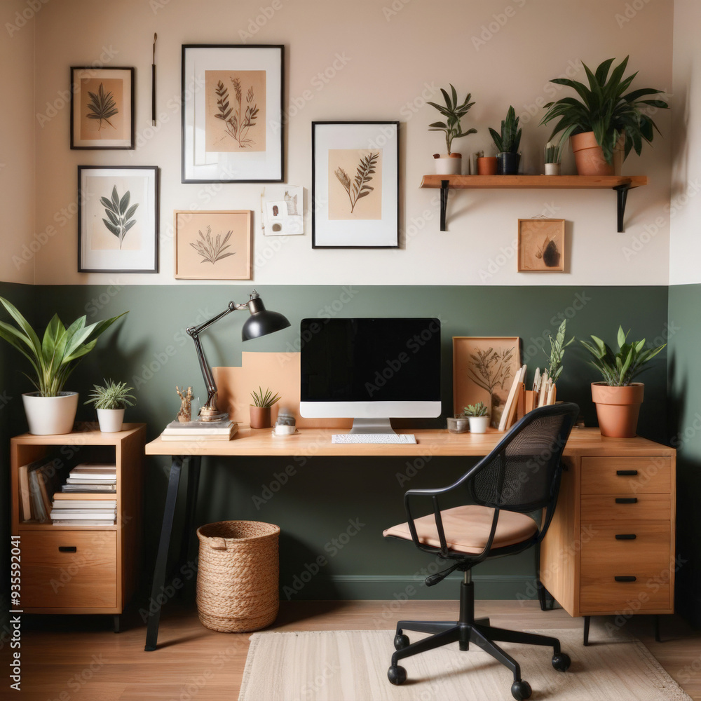 Fototapeta premium Interior of home workspace with computer and shelves with lots of indoor green plants