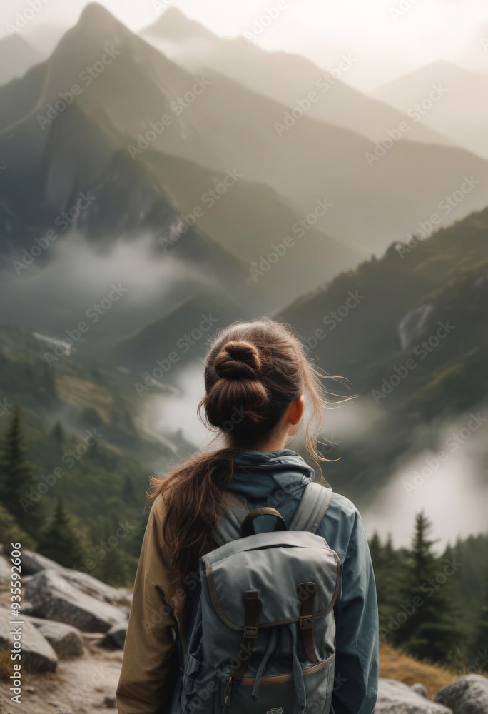 Young girl with a backpack against the background of mountains. Back view Young girl with a backpack against the background of mountains. Back view