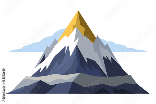 A stylized illustration of a snow-capped mountain peak with a golden summit