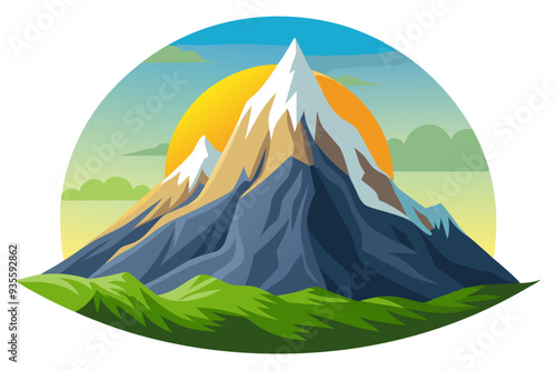 Majestic Mountain Peak with a Setting Sun and Lush Green Foothills