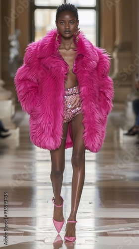 Wallpaper Mural A full-body model strides down the runway wearing a vibrant hot pink fur coat and matching accessories, showcasing bold fashion in an upscale setting Torontodigital.ca
