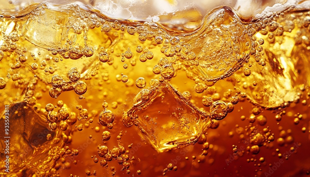 High-definition close-up of a soda with ice cubes, showcasing the dynamic bubbles in a crisp amber liquid. Perfect for summer drink-related content. High-definition close-up of a soda with ice cubes, showcasing the dynamic bubbles in a crisp amber liquid. Perfect for summer drink-related content.