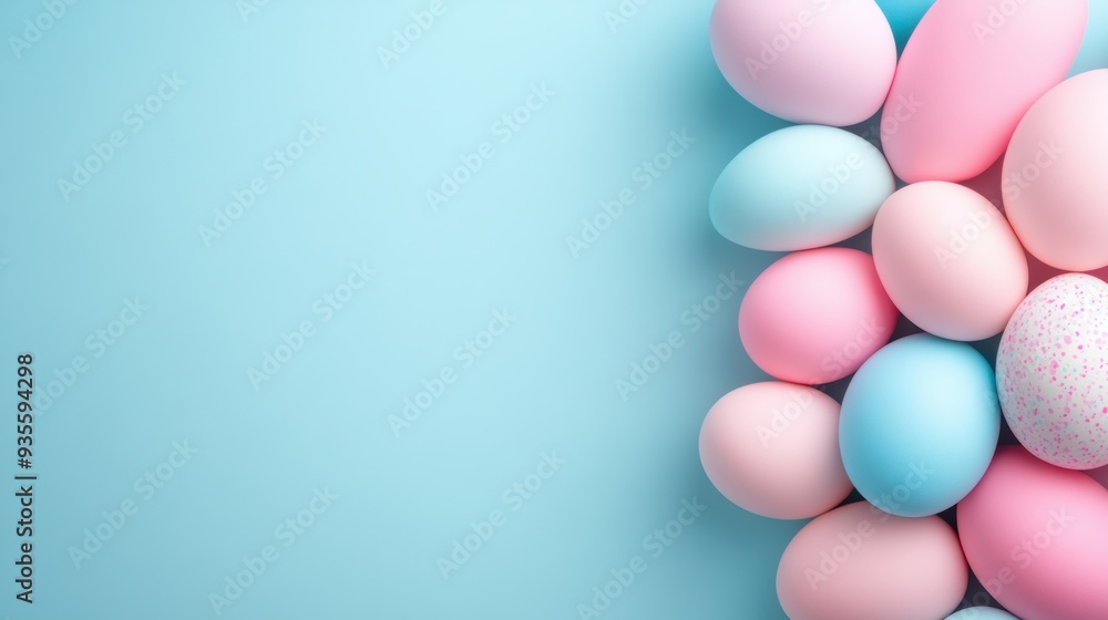 A bunch of colorful easter eggs on a blue background, AI A bunch of colorful easter eggs on a blue background, AI