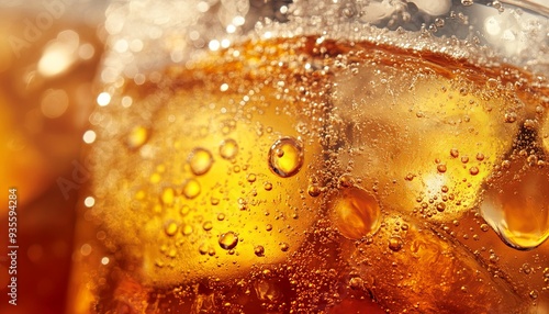 Macro shot of a chilled carbonated drink with ice cubes, emphasizing the dynamic bubbles and warm amber tones. Ideal for summer beverage advertising.