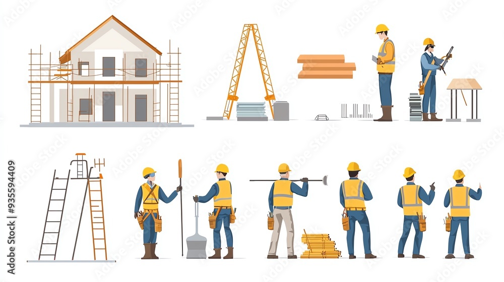 Naklejka premium Construction workers collaborating on building a house with tools, scaffolding, and materials in a structured work environment.