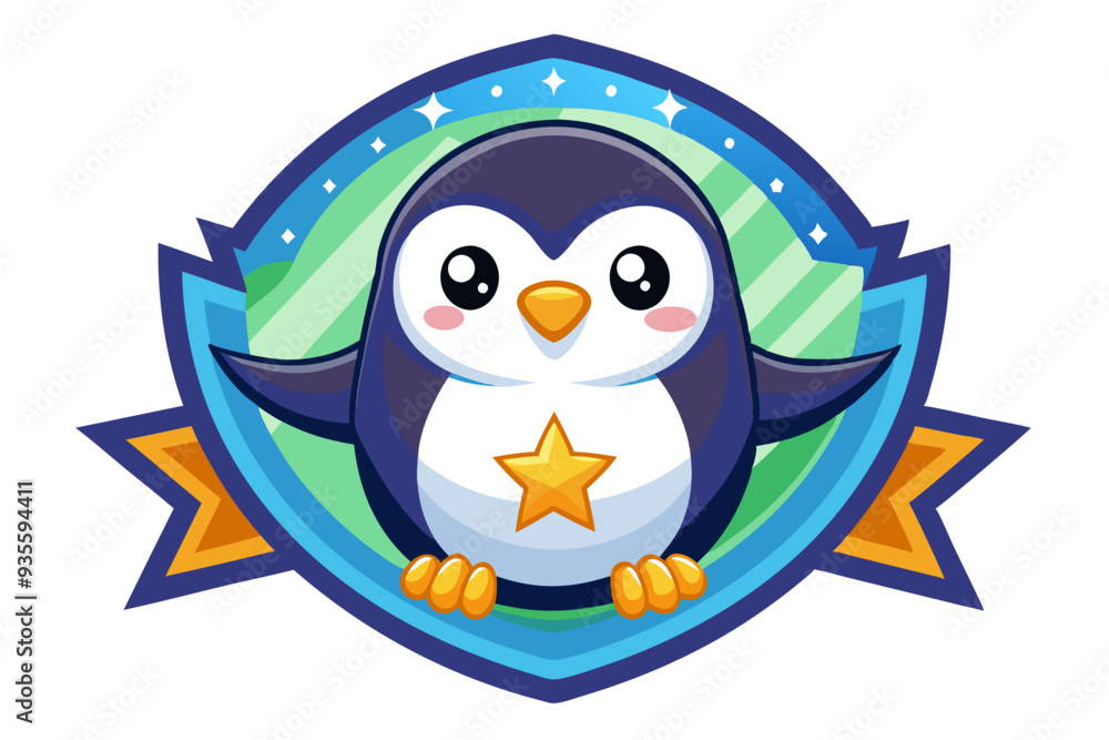 Cute Cartoon Penguin Holding a Star in a Colorful Shield