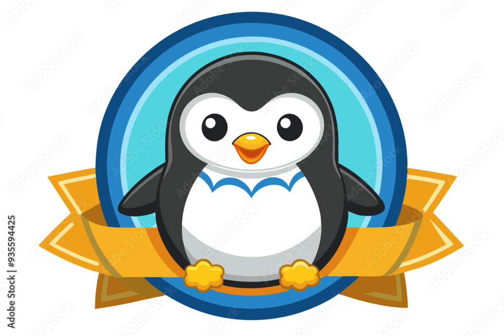 Obraz premium Cute Cartoon Penguin with Yellow Ribbon Badge
