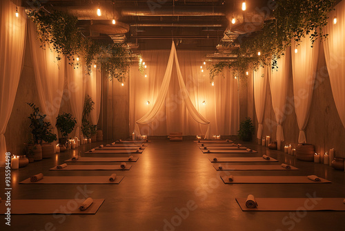 A beautifully lit yoga studio with mats and draped curtains, creating a warm and inviting space. Ideal for themes related to wellness, relaxation, and spiritual practice. photo