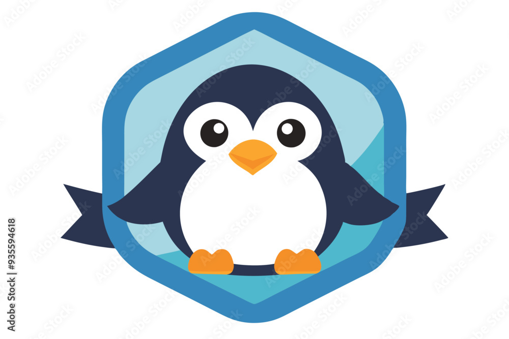 Obraz premium Cartoon Penguin in a Blue Hexagon with Ribbons