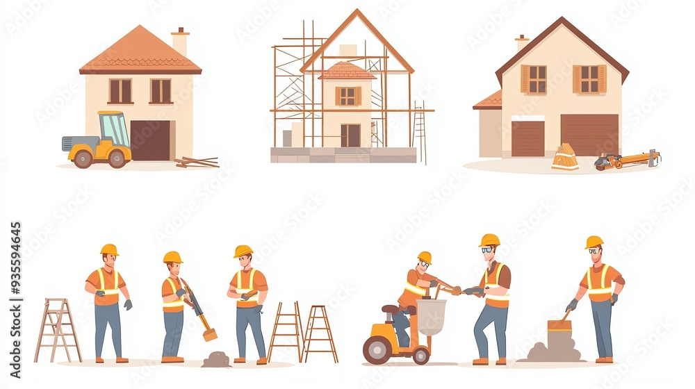 Illustration of construction work featuring tools, equipment, and workers building residential homes in a safe environment. Illustration of construction work featuring tools, equipment, and workers building residential homes in a safe environment.