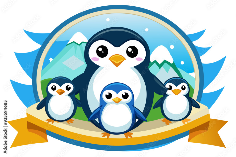Fototapeta premium Penguin Family with a Yellow Banner in Snowy Mountains