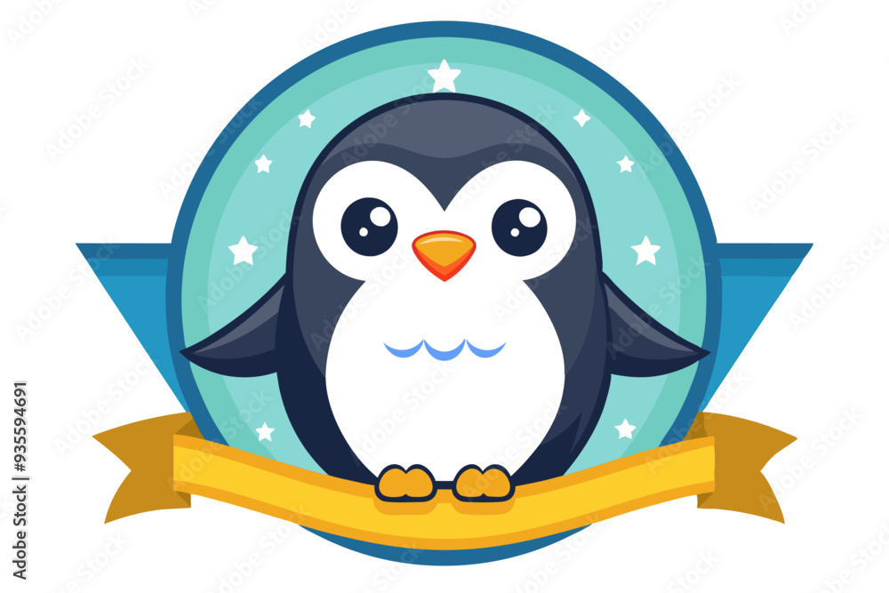 Naklejka premium Cute Cartoon Penguin with a Yellow Ribbon
