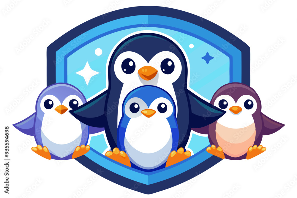 Naklejka premium Four Cute Penguins Inside a Blue Shield