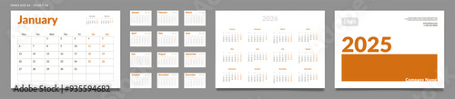 Set of 2025 Pages Monthly Calendar Planner Templates, Cover with Place for Photo, Company Logo, Annual. Design of Vector layout Calendar Pages size A4-21x29.7 cm in for print. Week start on Monday
