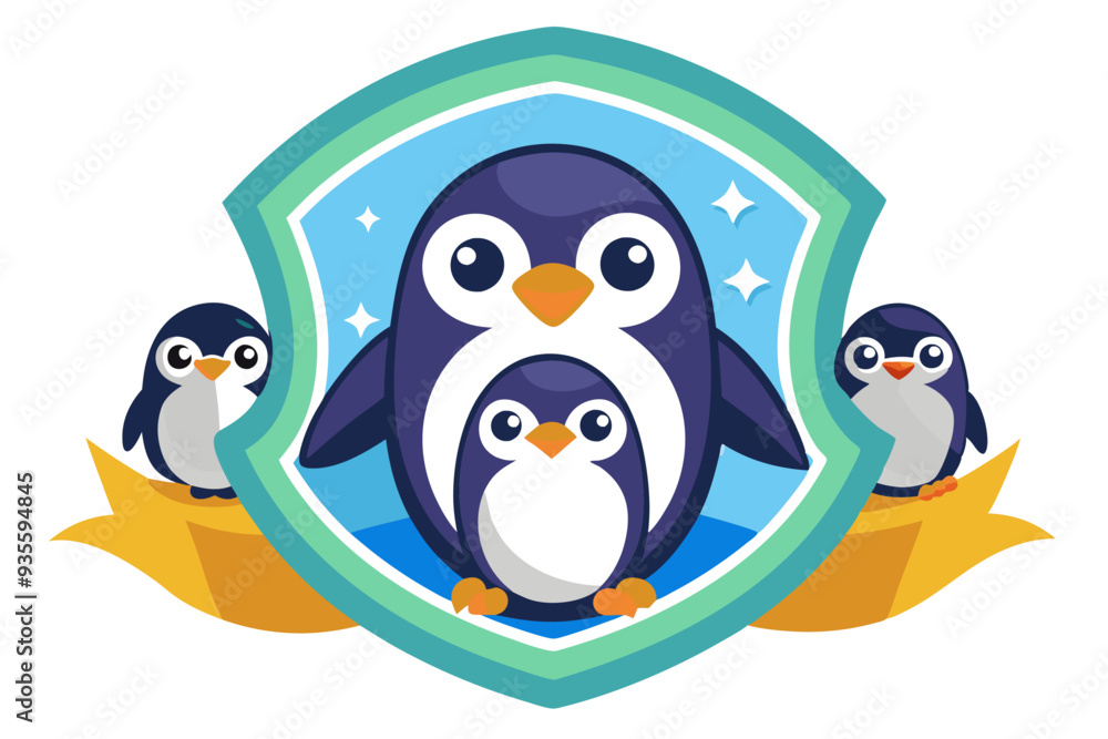 Fototapeta premium Cartoon Penguin Family in a Shield with Yellow Ribbons