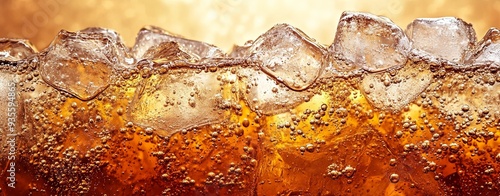 Close-up of sparkling soda with ice cubes, featuring the dynamic bubbles and deep amber tones. Perfect for beverage advertising and drink-related content.