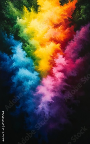 A vibrant explosion of colorful clouds in rainbow hues, creating an abstract artistic masterpiece on a dark background.