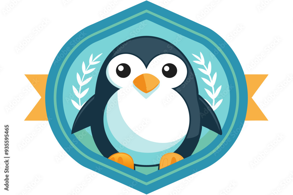 Obraz premium Cartoon Penguin Inside a Blue and Green Circular Badge