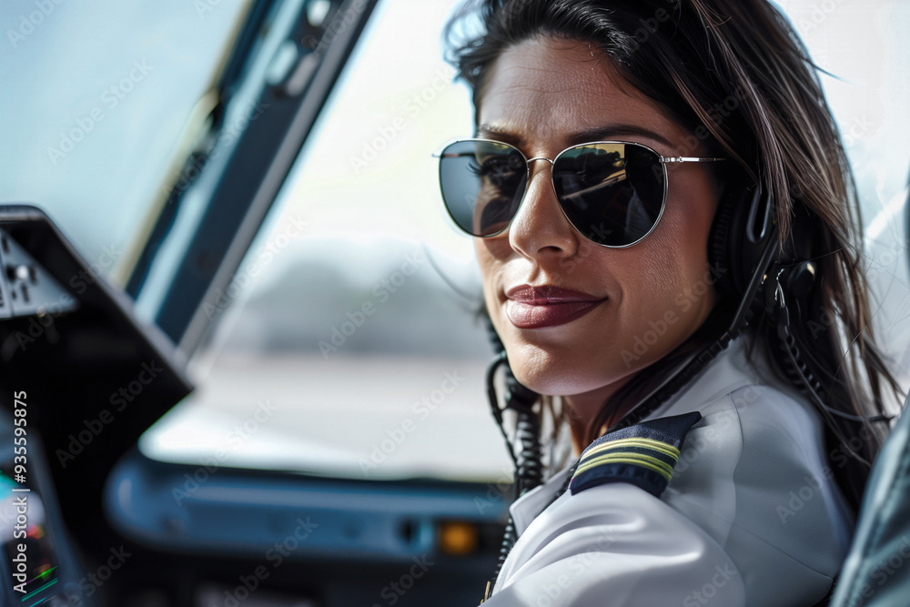 Female pilot in cockpit with confident smile. Generative AI image Female pilot in cockpit with confident smile. Generative AI image