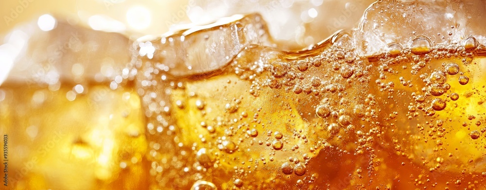 Refreshing close-up of a carbonated beverage with ice cubes, capturing the effervescent bubbles in a crisp amber liquid. Perfect for summer drink ads. Refreshing close-up of a carbonated beverage with ice cubes, capturing the effervescent bubbles in a crisp amber liquid. Perfect for summer drink ads.