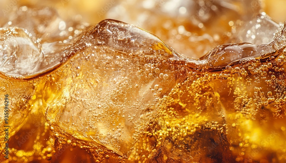 Detailed macro of a fizzy drink with ice cubes, featuring the sparkling bubbles and rich amber tones. Ideal for summer-themed beverage promotions. Detailed macro of a fizzy drink with ice cubes, featuring the sparkling bubbles and rich amber tones. Ideal for summer-themed beverage promotions.