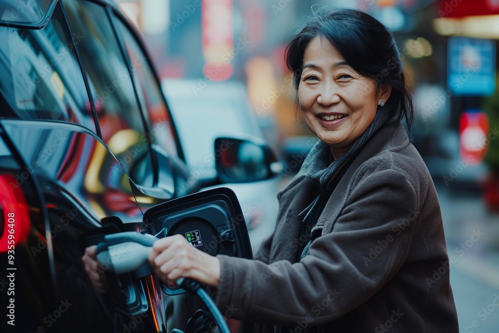 Elderly woman charging electric vehicle in city. Generative AI image