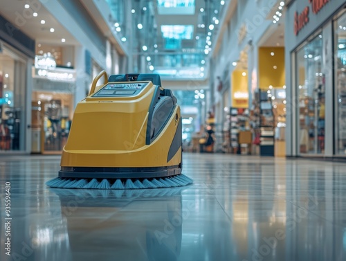 Deserted shopping mall with industrial scrubber dryer, glossy floor, bright shopfronts photo