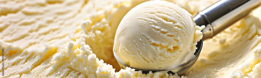 Vanilla ice cream scooped out of container. 