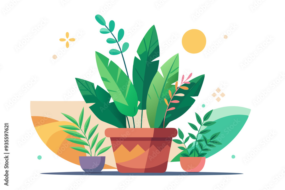 Three potted plants with green leaves against a white background Three potted plants with green leaves against a white background