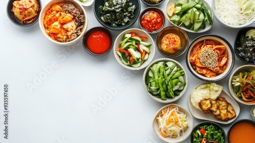 A colorful assortment of Korean vegetarian dishes on a simple background, with ample room for text in the center.